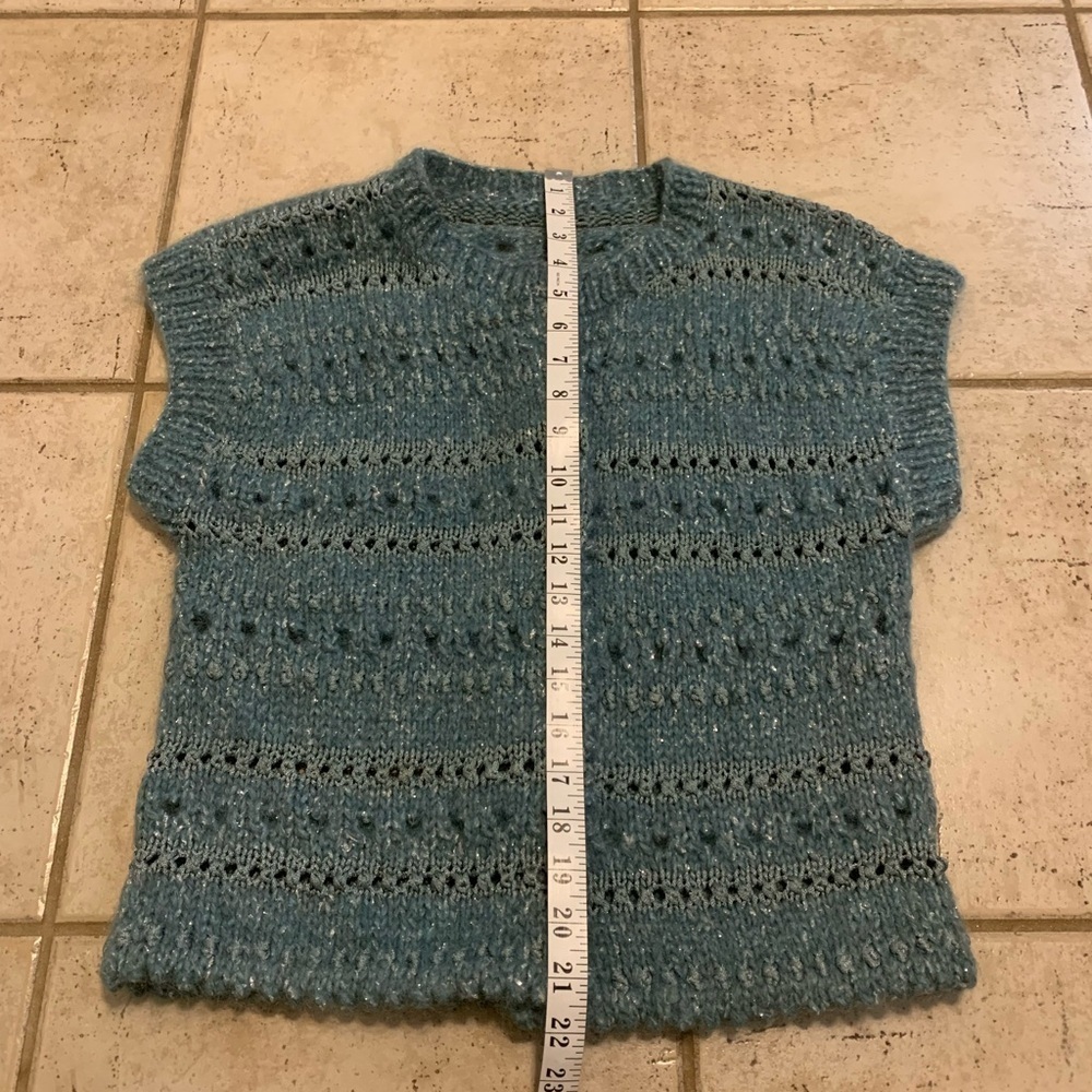 Vtg Handmade Textured Knit Vest Top Light Blue Sparkle Openwork Sweater | Small - Picture 4 of 4